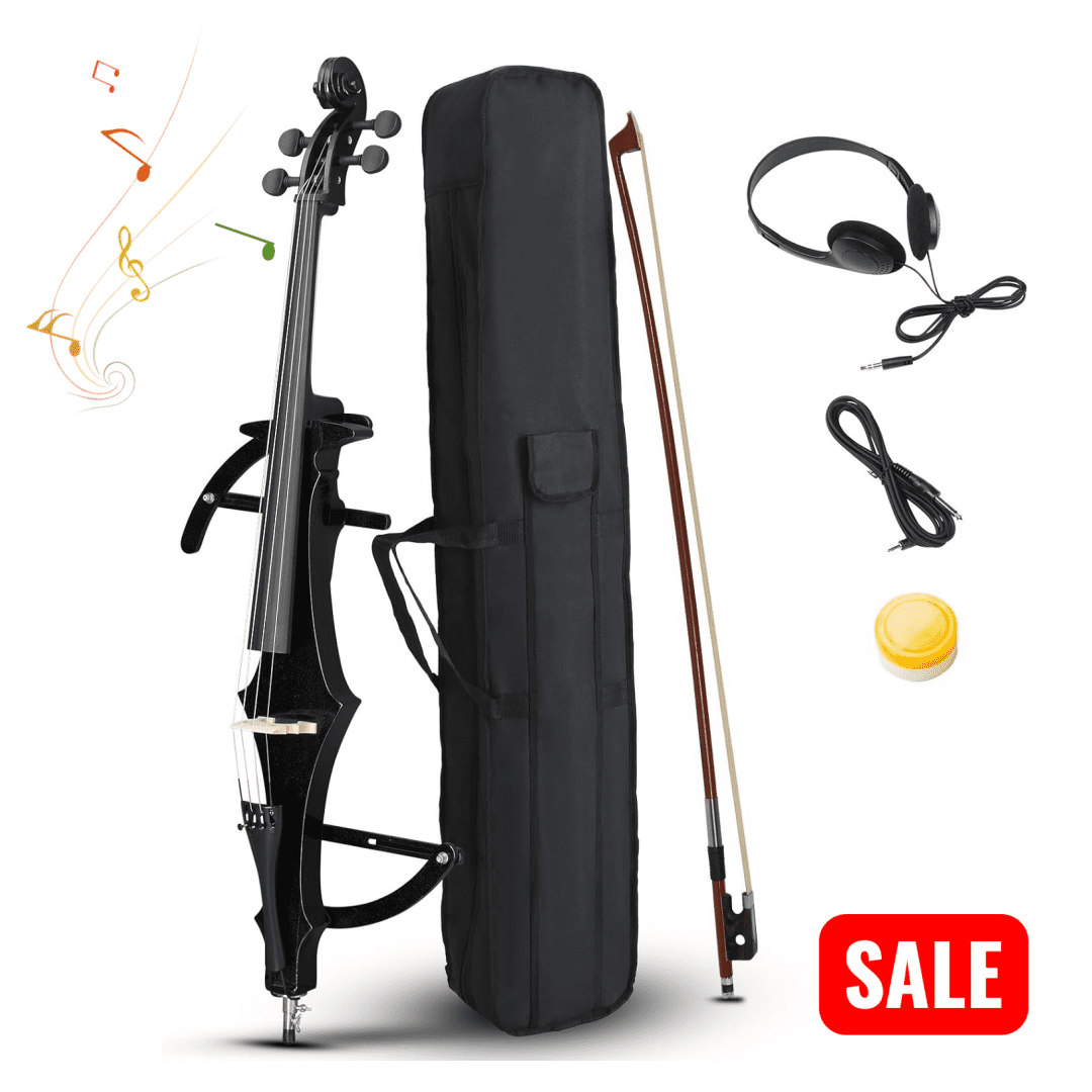 Tcbosik Full Size Electric Cello with Headphone and Connecting Cable, 4/4 Beginner Cello with Case, Bow and Rosin for Adults, Black