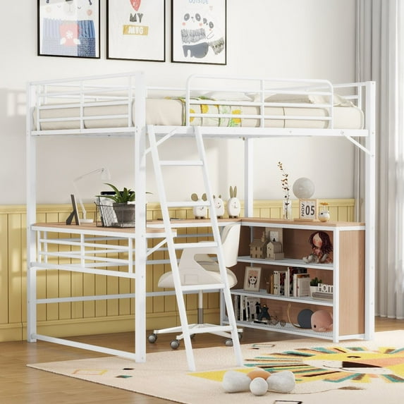 Tcbosik Full Size Loft Bed Metal Bedframe with L-Shaped Desk, 3-Tier Bookcase, Heavy Duty High Loftbed with Shelves and Ladder, for Kids Teens Adults, White