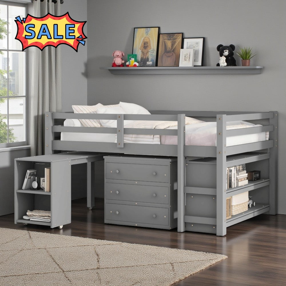 Tcbosik Full Size Loft Bed with Desk, Shelves and 3 Drawers, Wood Bed ...