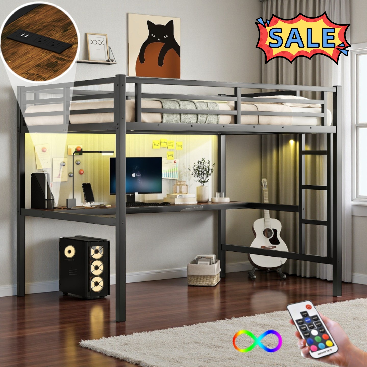 Tcbosik Full Size Loft Bed with LED Lights and Charging Station, Metal ...