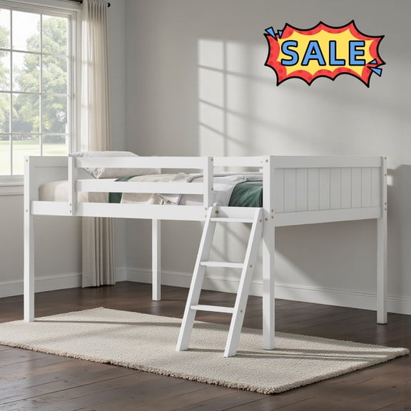 Tcbosik Full Size Loft Bed with Ladder and Guardrail, Wood Bed Frame for Bedroom, Easy Assembly, White