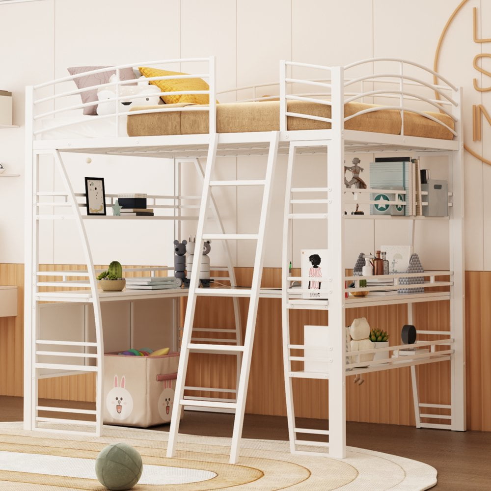 Tcbosik Full Size Metal Loft Bed with L-Shaped Desk, Storage Shelves ...
