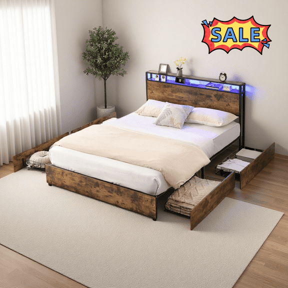 Tcbosik Full Size Platform Bed with Charging Station and LED Lights, Bed Frame with Storage Headboard and 4 Drawers, Metal Slats Support, Easy Assembly, Black & Brown