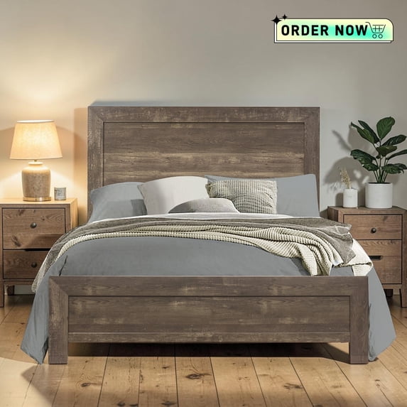 Tcbosik Full Size Platform Bed, Wood Bed Frame with Headboard and Footboard for Bedroom, Easy Assembly, Rustic Brown