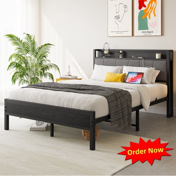 Tcbosik Full Size Platform Bed with Charging Station, Metal Bed Frame, Upholstered Headboard with Storage Shelf, No Box Spring Needed, Black