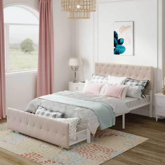 Tcbosik Elegant Linen Headboard Bed Metal Platform Bed with a Big Storage Drawer ,Full Size - Beige