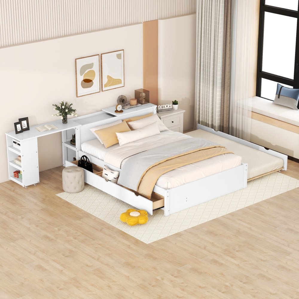 Tcbosik Full Size Platform Bed with Trundle and Drawers, Wood Full Bed Frame with a Rolling