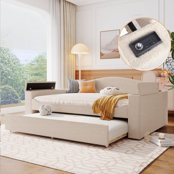 Tcbosik Full Size Teddy Fleece Upholstered Daybed with Storage Armrests, Trundle and Latest Integrated Bluetooth Audio System, Beige