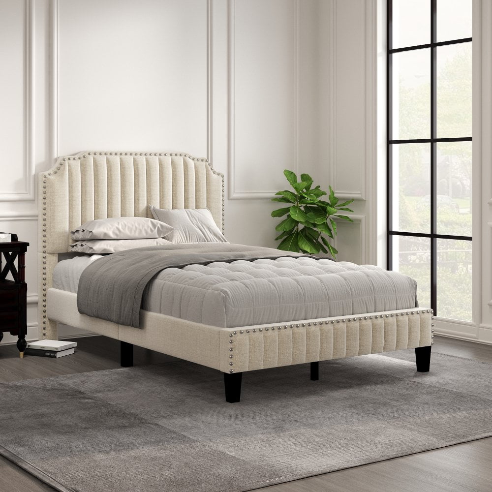 Tcbosik Full Size Upholstered Platform Bed with Curved Headboard, Solid