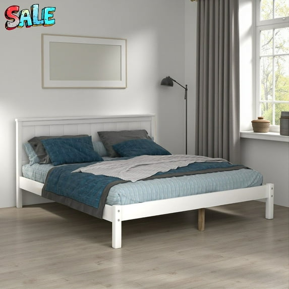 Tcbosik Full Size Wooden Bed Frame, Modern White Platform Bed with Headboard and Under-Bed Storage Space, Easy Assembly