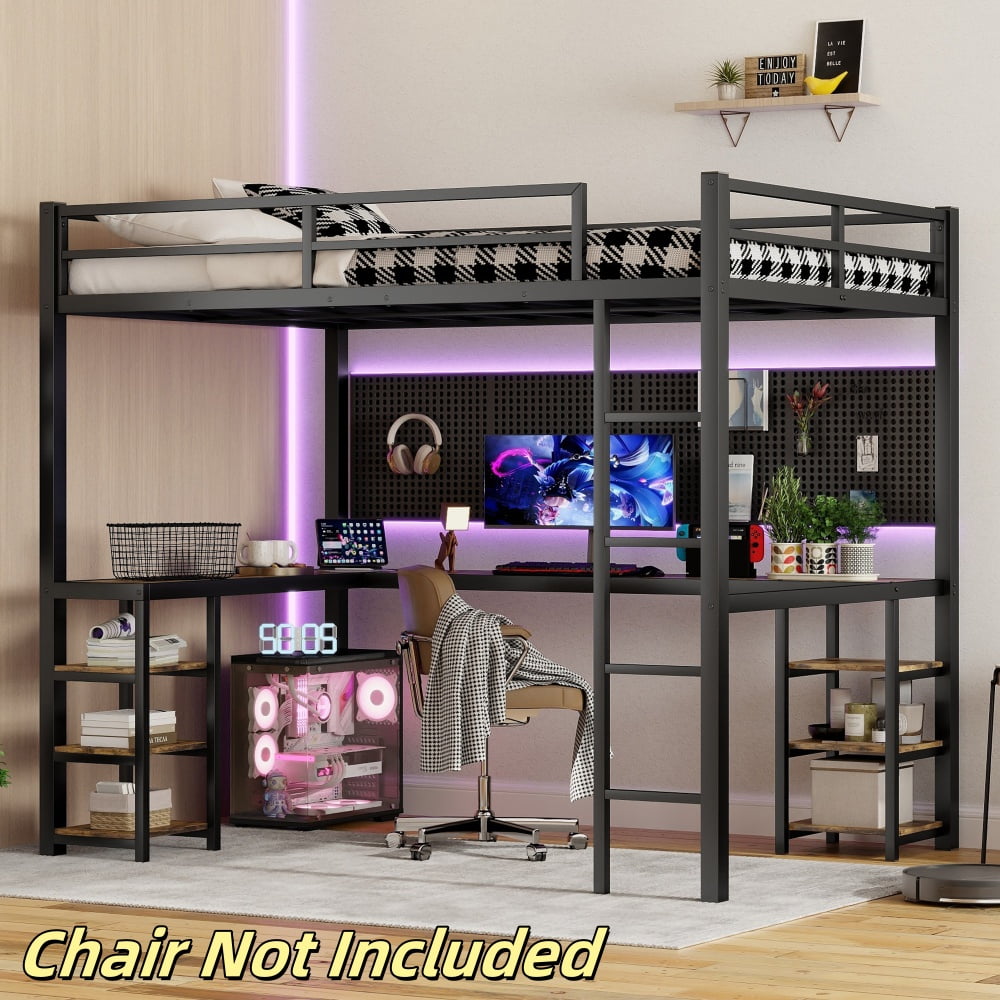 Tcbosik Full XL Size Loft Bed with L Shaped Desk and Shelves, Metal ...