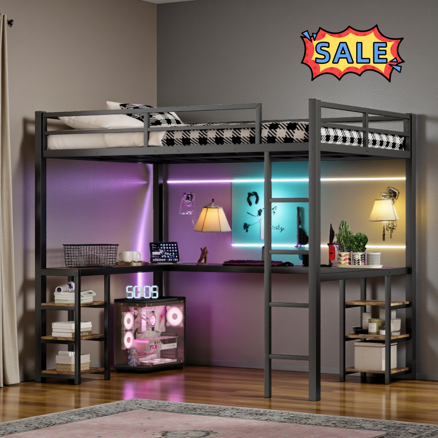 Tcbosik Full XL Size Loft Bed with Writing Desk and Storage Shelves ...