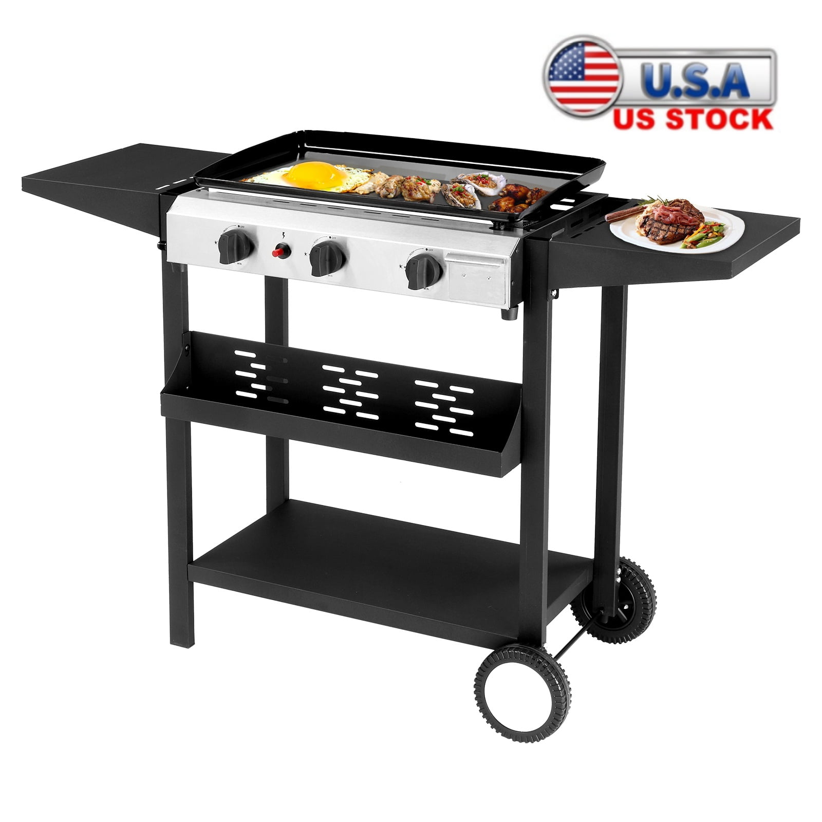 Black 3-Burner Propane Gas Griddle Cooking Station with Folding Shelves
