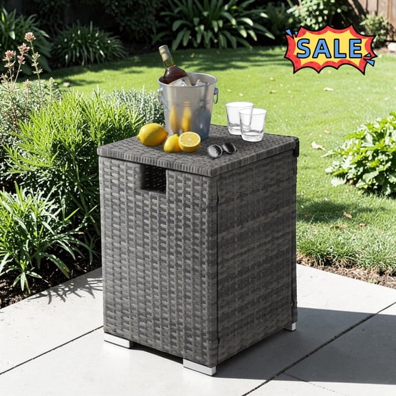 Tcbosik Gas Tank Storage Box, 15.7" Wicker Propane Tank Cover Table, Outdoor Side Table, End Table for Balcony, Deck, Patio, Garden, Backyard, Gray