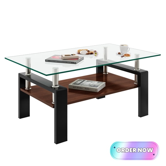 Tcbosik Glass Coffee Table with Storage, 2-Tier Center Table with Open Shelf and Metal Legs for Small Space, Living Room, Transparent & Black