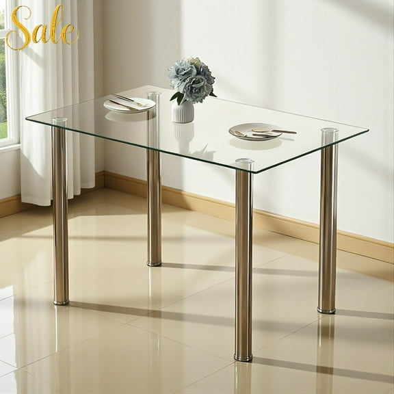 Tcbosik Glass Dining Table for 4, 43" Rectangular Dining Room Table with Clear Tempered Glass Tabletop and 4 Metal Legs for Home, Café, or Office