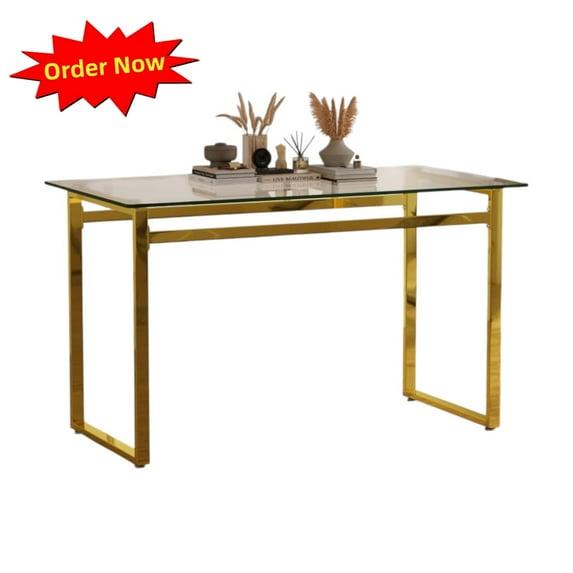 Tcbosik Glass Dining Table for 4, 51" Rectangular Kitchen Table with Metal Legs for Living Room, Easy Assembly, Gold