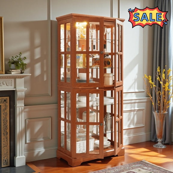 Tcbosik Glass Display Cabinet, 68.7"H Curio Cabinet with Adjustable Shelves and 4 Doors, Accent Storage Cabinet with Acrylic Back Pane for Living Room, Dining Room, Dark Oak