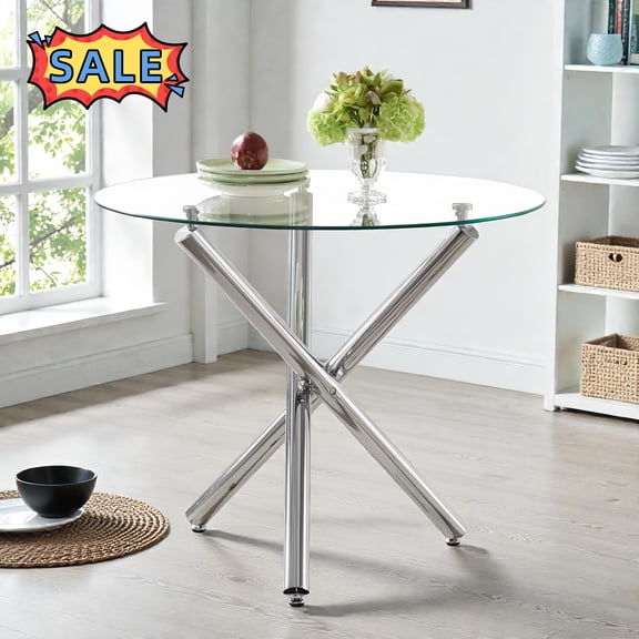 Tcbosik Glass Round Dining Table with Metal Legs for Small Space Kitchen Living Room, Silver