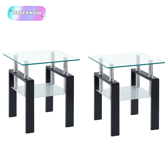 Tcbosik Glass Side Tables with Storage Set of 2, Square End Table with Open Shelf, 2-Tier Night Stand for Living Room, Bedroom, Easy Assembly, Clear & Black