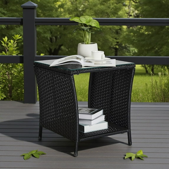 Tcbosik Glass Top Side Table, 2-Tier Rattan End Table with Sturdy Iron Frame for Indoor & Outdoor Use, 110lbs Weight Capacity (Black)