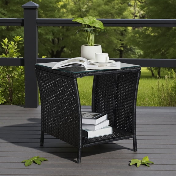 Tcbosik Glass Top Side Table, 2-Tier Rattan End Table with Sturdy Iron Frame for Indoor & Outdoor Use, 110lbs Weight Capacity (Black)