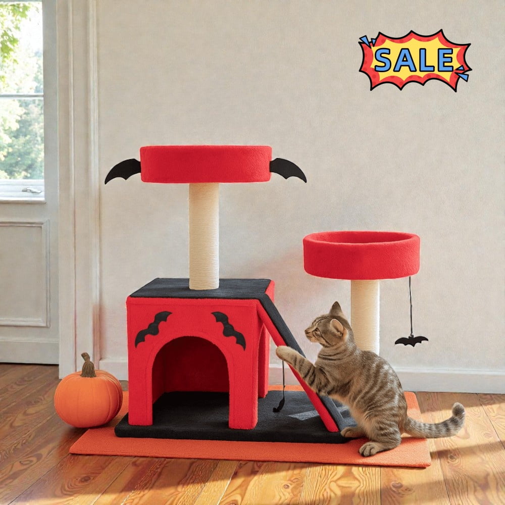 Tcbosik Gothic Cat Tree with Cat Condo, Cat House with Scratching Posts, Scratching Ladder and 2 Padded Perches, Cat Activity Center, Red & Black