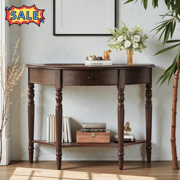 Tcbosik Half Moon Console Table, Modern Entryway Table with Storage Drawer and Open Shelf, Narrow Sofa Table for Living Room, Hallway, Foyer, Espresso