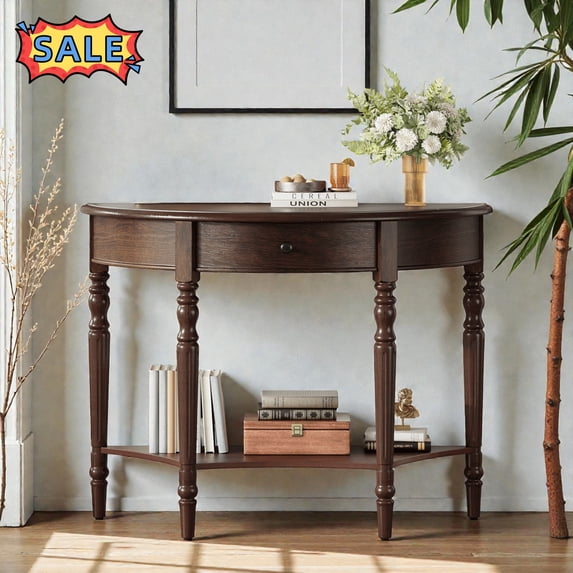 Tcbosik Half Moon Console Table, Modern Entryway Table with Storage Drawer and Open Shelf, Narrow Sofa Table for Living Room, Hallway, Foyer, Espresso