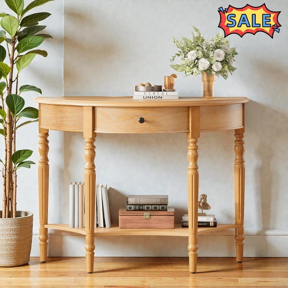 Tcbosik Half Moon Console Table with Storage Drawer and Open Shelf, 2-Tier Narrow Entryway Table, Behind Couch Table, Sofa Table for Living Room, Hallway, Easy Assembly, Natural
