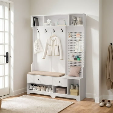 Tcbosik Hall Tree with Storage Bench, Multi-Function Coat Rack with Pegboard, Hutch and 4 Hooks, Entryway Cushioned Bench with Drawers and Shelves for Living Room, White