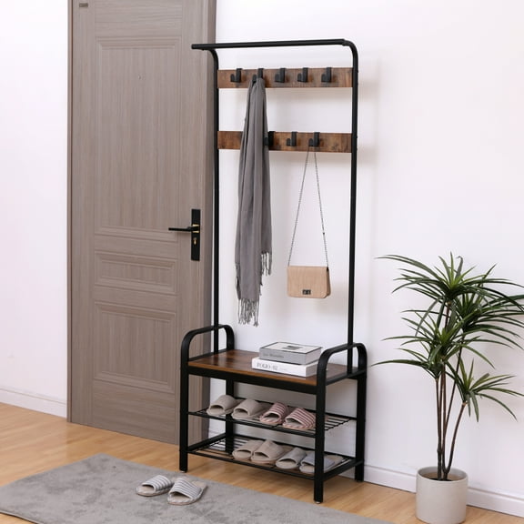 Tcbosik Hall Tree with Bench, Shoe Bench with Open Shelves, Coat Rack with Hanging Rod and 9 Removable Hooks, Easy Assembly, Brown