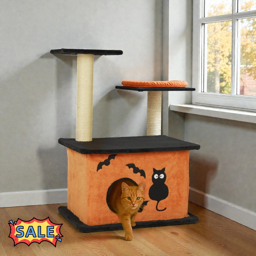 Tcbosik Halloween Cat Tree, 33" Cat Tower with Cat Condo and Sisal Scratching Post, Kitchen Activity Center for Indoor, Orange & Black