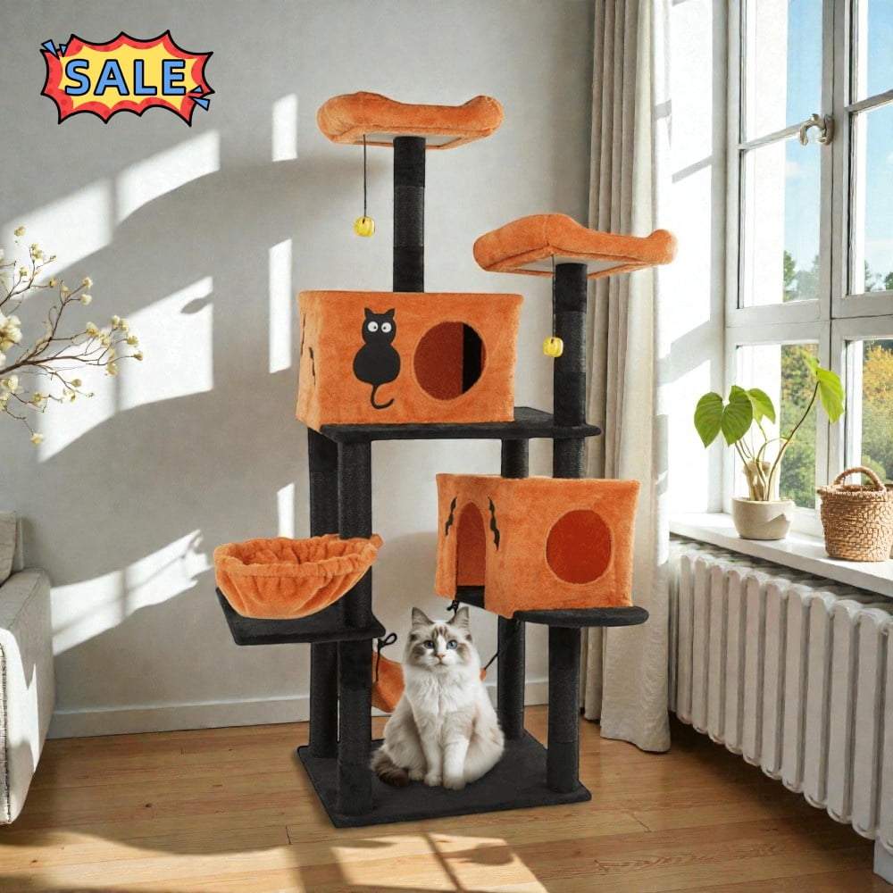 Tcbosik Halloween Cat Tree, 61" Cat Tower with Cat Condos, Padded Perches and Hammocks, Multi-Level Cat Activities Furniture with Scratching Posts and Hanging Balls, Orange & Black