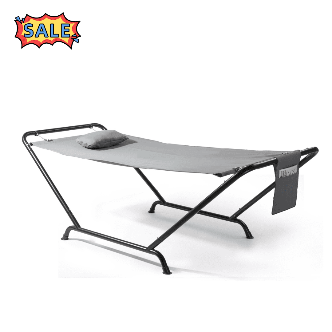 Tcbosik Hammock with Stand for Outside, Heavy Duty Outdoor Patio Hammock Bed with Pillow and Storage Pocket for Garden, Balcony, Porch, Backyard, Grey