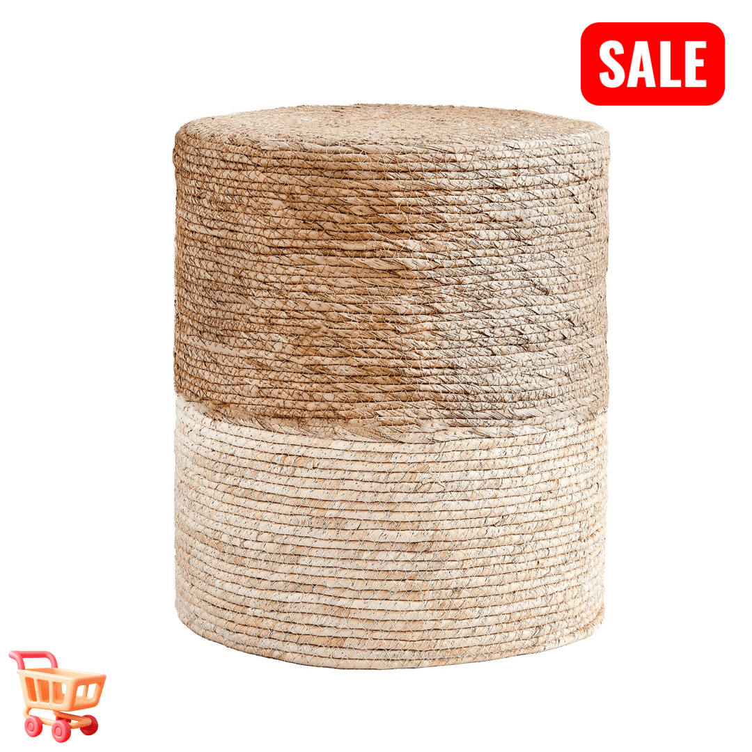 Tcbosik Hand Weave Ottoman, 14 inch Round Natural Seagrass Footrest, Boho Foot Stool for Living Room, Bedroom, Hallway, Space Saving, Natural+White