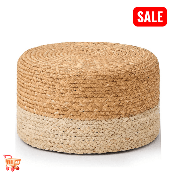 Tcbosik Hand Weave Round Footstool, 17.7 inch Natural Seagrass Ottoman, Home Boho Decorative Seat, Accent Chair for Living Room, Bedroom, Natural+White