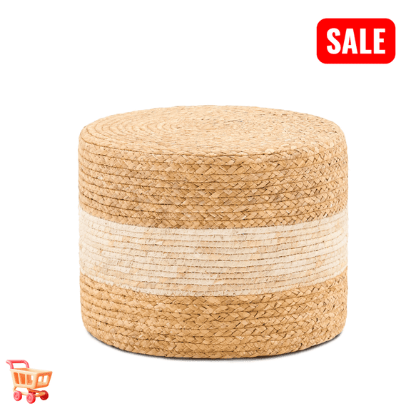 Tcbosik Hand Weave Round Ottoman, 15.7 inch Natural Water Hyacinth Footrest, Small Foot Stool for Living Room, Bedroom, Hallway, Natural & White