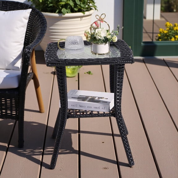 Tcbosik Hand-Woven All-Weather PE Rattan End Table with Water Ripple Glass Top and Sturdy Steel Frame, Indoor/Outdoor 17.9" Square Accent Table for Home Decor, Garden, Deck (Black)