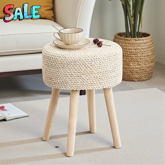 Tcbosik Hand-Woven Natural Seagrass Round Ottoman, 13" Footstool with Solid Wood Legs, Rustic Boho Accent Stool for Home Decor, Living Room, Patio, Bedroom, Easy Assembly & Multi-Use Seat