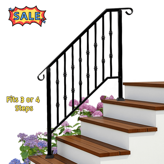 Tcbosik Handrails for Outdoor Steps, 3-4 Steps Stair Hand Rail for Concrete Steps & Porch & Deck, Matte Black