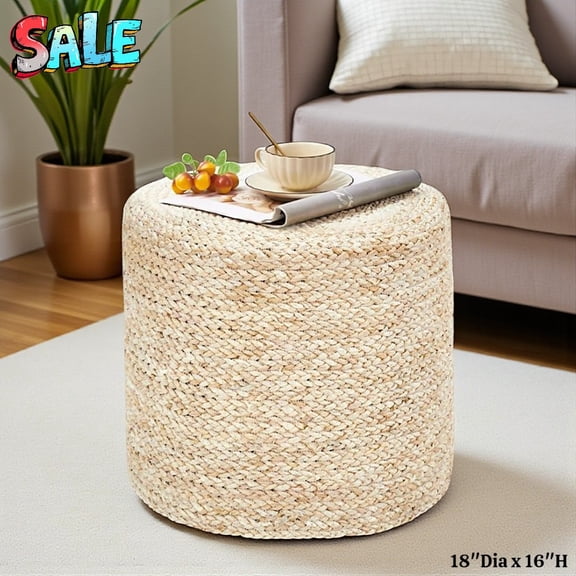 Tcbosik Handwoven Hyacinth Ottoman in Beige, 18 Inch Round Pouf Stool for Living Room, 350 lbs Capacity, Multi-Purpose Footrest Vanity Seat, Farmhouse Boho Home Decor