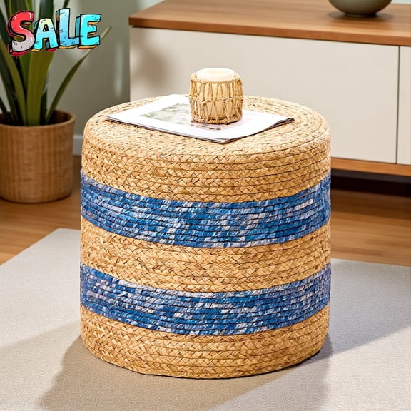 Tcbosik Handwoven Natural Water Hyacinth Round Ottoman, Rustic Farmhouse Footrest Stool with Wooden Frame, No-Assembly Accent Seat for Living Room & Bedroom (Natural+Blue)