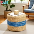 thumbnail image 1 of Tcbosik Handwoven Round Ottoman, 15.7" Rustic Boho Natural Water Hyacinth Stool with Wooden Frame, for Living Area & Meditation Space — No Assembly Required (Natural+Blue), 1 of 7