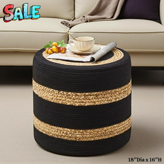 Tcbosik Handwoven Water Hyacinth Ottoman,18-Inch Round Pouf Footrest with 350lbs Capacity, Natural & Black