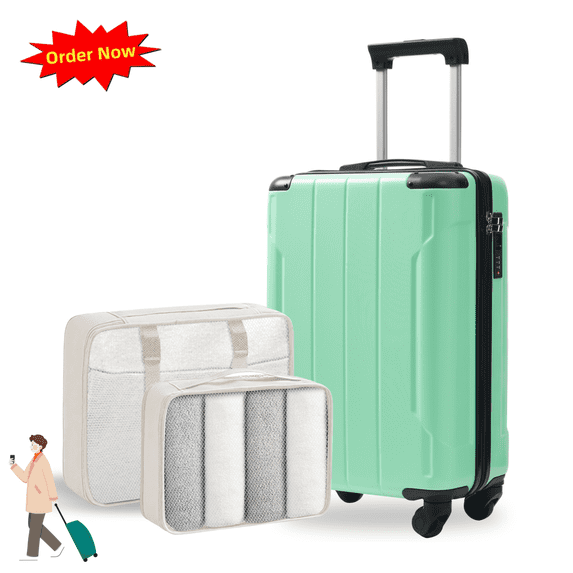Tcbosik Hardside Carry On Luggage with Spinner Wheels & Built-in TSA Lock, Rolling Suitcase with 2 Packing Cubes, 20 inch, Creamy Green