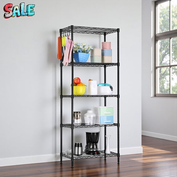 Tcbosik Heavy Duty 5-Tier Carbon Steel Wire Shelving, Height-Adjustable Storage Rack with Leveling Feet, Powder-Coated Black Finish, Easy Customizable Assembly, 21.25"L x 11.42"W x 59.06"H