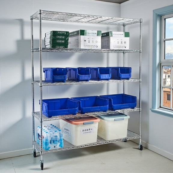 Tcbosik Heavy Duty 5-Tier Shelving Unit, Metal Adjustable Storage Shelves, 1100lbs Capacity for Pantry, Kitchen, Closet, Laundry, 59.06"L x 17.72"W x 70.87"H, Chrome