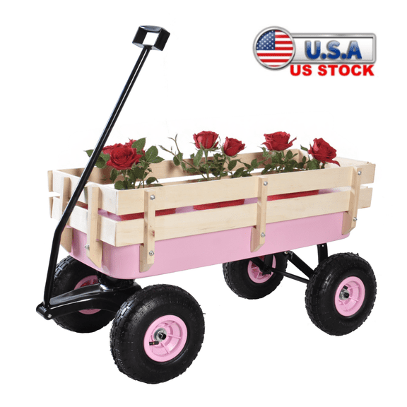 Tcbosik Heavy Duty Cargo Wagon with 10” All-Terrain Air Tires, Outdoor Storage Cart with Adjustable Handle for Garden, Pink