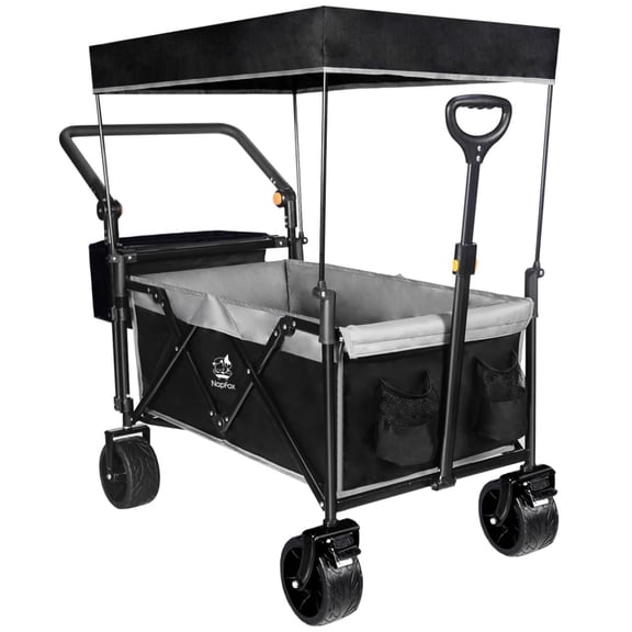Tcbosik Heavy Duty Folding Wagon with Removable Canopy, Utility Grocery Cart with All-Terrain Wheels and Brake, Ice Pack Frame and 2 Cup Holders for Garden, Patio, Backyard, Beach, Black & Gray